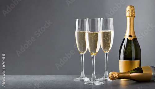 champaign glasses, a bottle of sparkling wine, isolated gray background