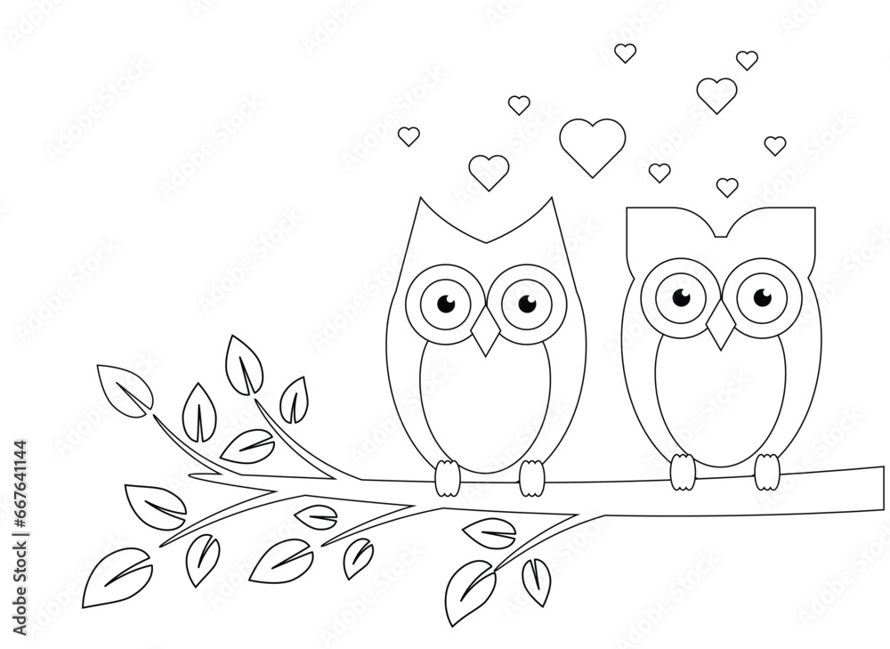 Fototapeta premium Two Loving Owls On Tree Branch Children Coloring Page. Educational material for a child vector art