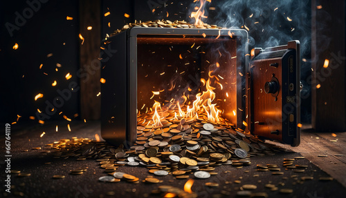 Safe on fire with its door ajar, causing money to scatter on the floor