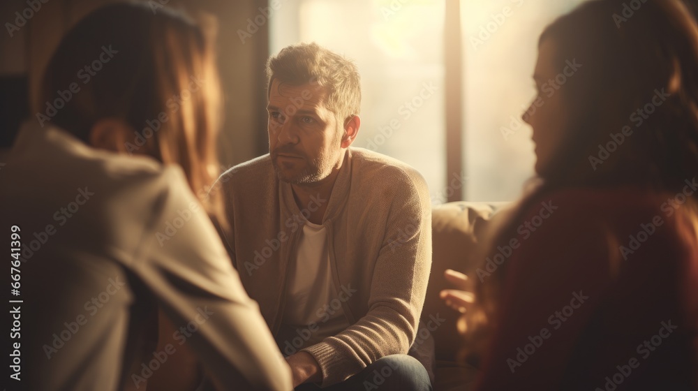 Psychologist talking to stressed patient at psychotherapy session. Mental health and depression concept. - obrazy, fototapety, plakaty 