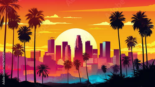 Los angeles city of california pop art with sun rise photo