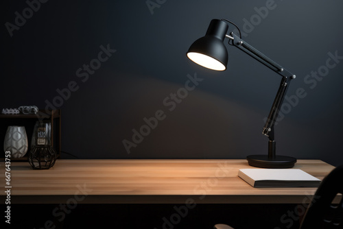 A desk lamp is on a table in front of a black wall, AI