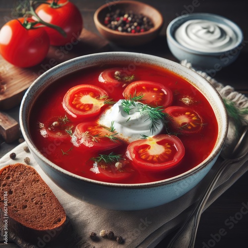 tomato soup with basil on a bowl on wooden table