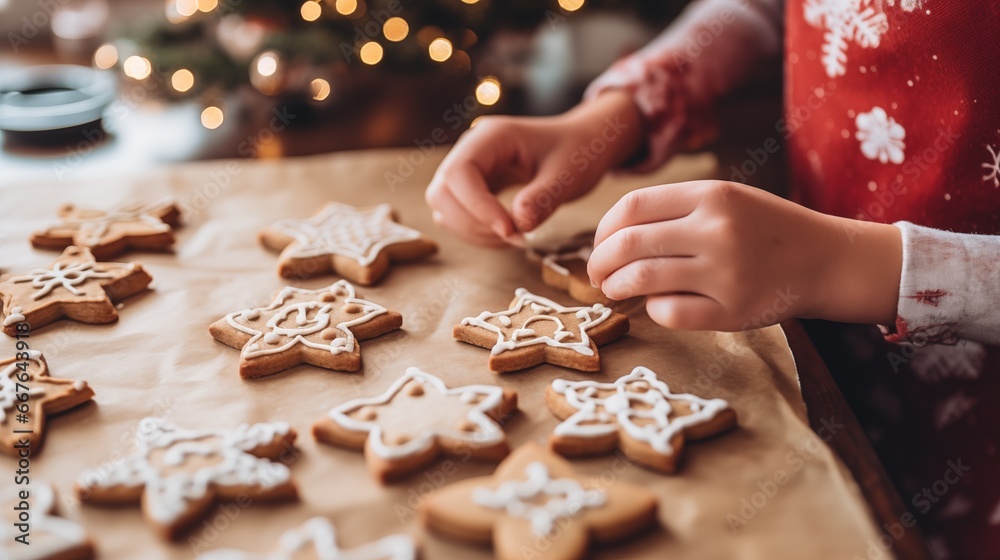 Merry Christmas and Happy Holidays - Children's hands making decorating sugar frosting Christmas cookies on wooden table, Festive homemade decorated sweets, generative ai Merry Christmas and Happy Holidays - Children's hands making decorating sugar frosting Christmas cookies on wooden table, Festive homemade decorated sweets, generative ai