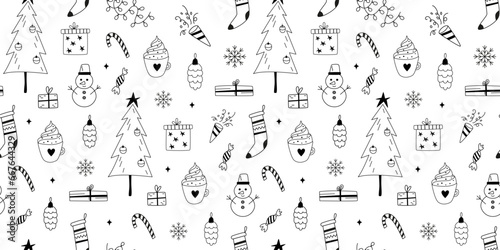 Christmas and New Year doodles seamless pattern. Hand-drawn line art. Outline winter motifs. Background, banner, digital paper. 