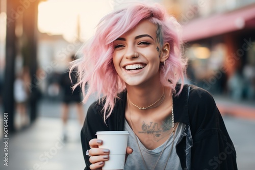 beautiful smiling pink haired tattooed trans woman drinking coffee in the city photo