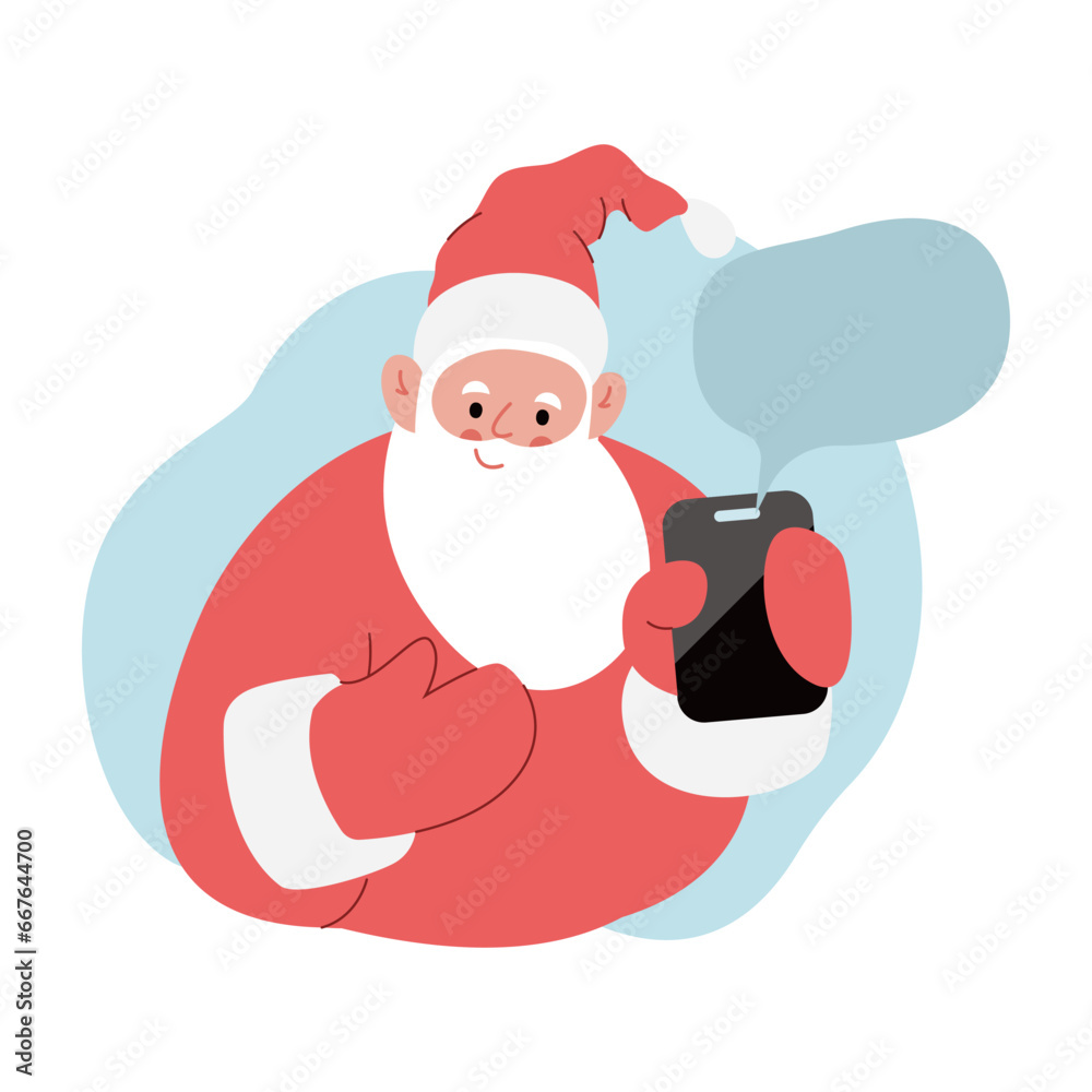 Modern flat vector illustration of cheerful Santa Claus, showing smartphone with message bubble template, wearing red Modern flat vector illustration of cheerful Santa Claus, showing smartphone with message bubble template, wearing red