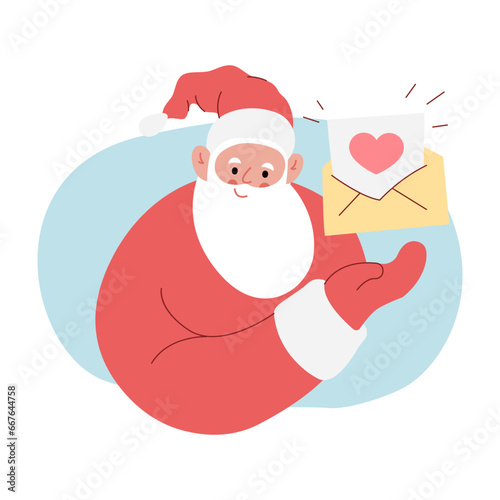 Modern flat vector illustration of cheerful Santa Claus, showing gesture on open envelop with paper sheet and heart on it, wearing red clothes