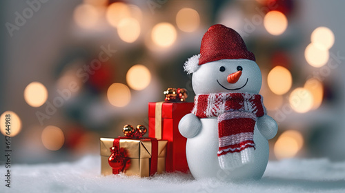 Cute Snowman in His Red Outfit For Merry Christmas Greeting Background Focus on Foreground photo