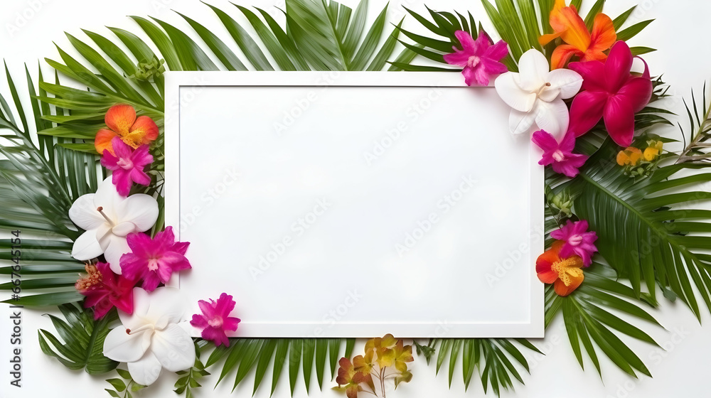 Elegant white rectangular frame adorned with green palm leaves and tropical flowers, simple eco design Elegant white rectangular frame adorned with green palm leaves and tropical flowers, simple eco design