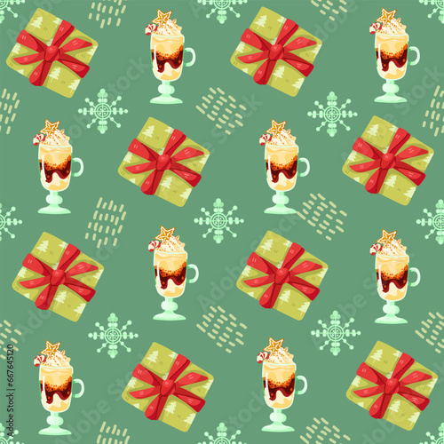 Christmas and Happy New Year seamless pattern with Christmas toys, gifts and sweets. Trendy retro style. Vector design template.