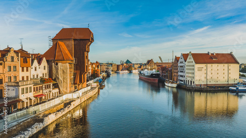 Panorama of Gdańsk with a view of the Crane, St. Mary's Church and the Motława River. Beautiful autumn day.