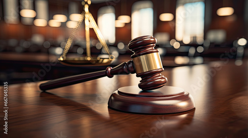 Close-up of gavel on judge desk, symbolizing court trial, justice and legal decisions in courtroom