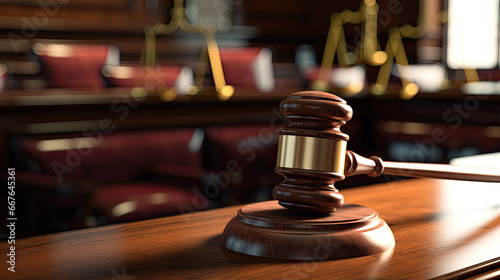 Close-up of gavel on judge desk, symbolizing court trial, justice and legal decisions in courtroom