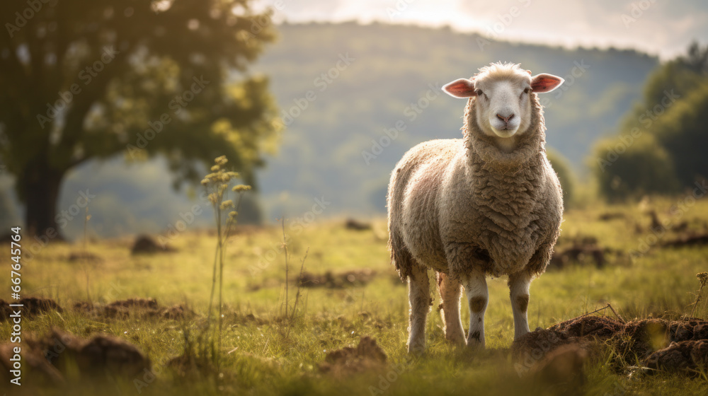 Obraz premium Domestic sheep graze in the meadow. Livestock on range. A flock of sheep. Farm concept.