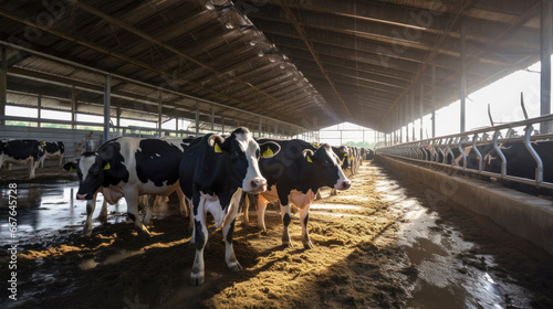 Modern farm barn with healthy dairy cows. Farming business concept, caring for livestock. photo