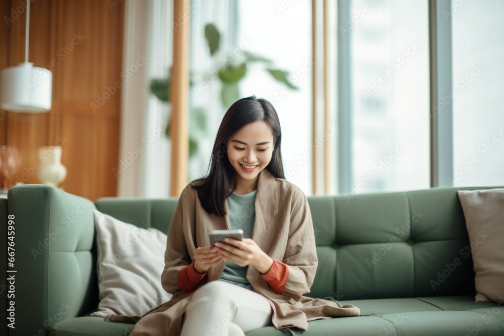 Happy young asian woman sitting on sofa holding mobile phone using cellphone technology doing ecommerce shopping, buying online, texting messages relaxing on couch in cozy living room at home Happy young asian woman sitting on sofa holding mobile phone using cellphone technology doing ecommerce shopping, buying online, texting messages relaxing on couch in cozy living room at home