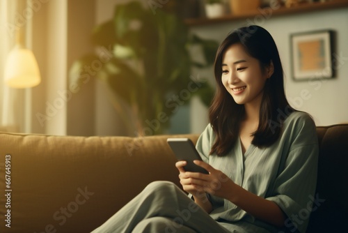 Happy young asian woman sitting on sofa holding mobile phone using cellphone technology doing ecommerce shopping, buying online, texting messages relaxing on couch in cozy living room at home