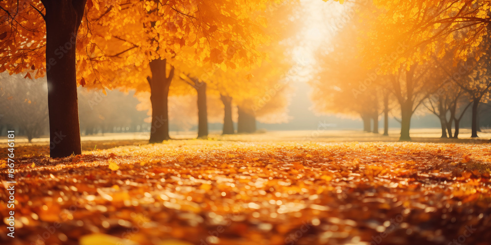Forest autumn nature. Morning in orange color forest with sun rays through branches of trees. Scenery of nature with sunlight, copy space, generative ai