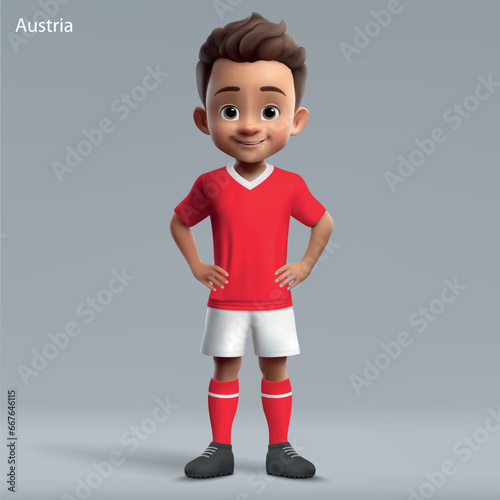 3d cartoon cute young soccer player in Austria national team kit.