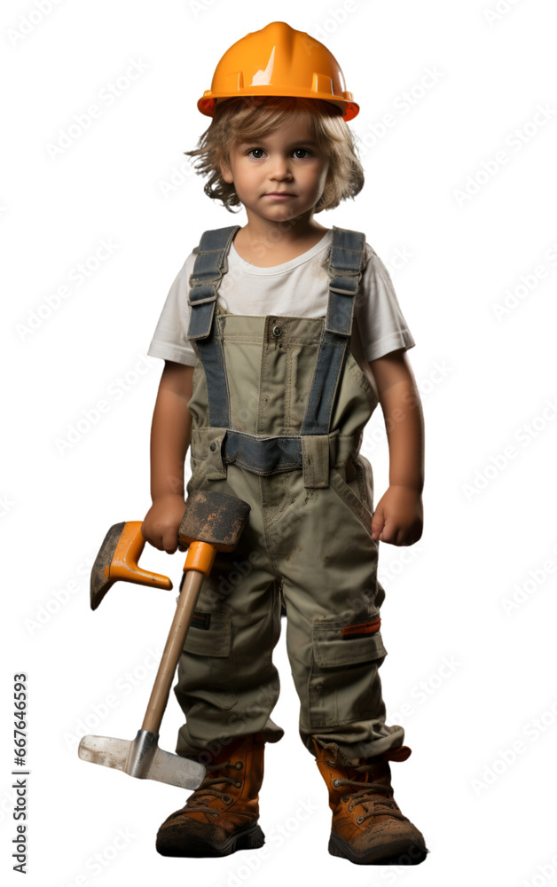 Child construction worker, Child Builder with Toy Hammer - Full Body Portrait in Hard Hat and Tool Belt, Isolated on White Background, Transparent PNG Child construction worker, Child Builder with Toy Hammer - Full Body Portrait in Hard Hat and Tool Belt, Isolated on White Background, Transparent PNG