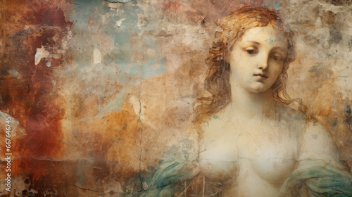 Retro fresco painting Renaissance vintage old wall with peeling paint beautiful girl woman photo wallpaper background graphics painting art card poster print interior - generative AI