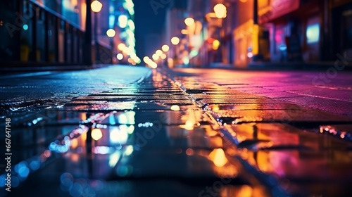 Neon lights and water reflections in a dark city street - abstract night background with blurred bokeh effect photo