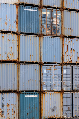 Grid pattern of standard containers in grey and blue color stacked in a harbour area. Traces of corrosion and rust on the edges of the boxes that travel around the world. Logistics background.