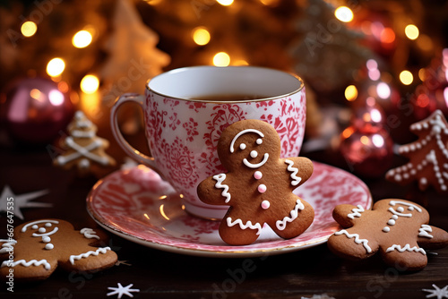 Cute gingerbread mans cookies on a plate and cup of tea on side