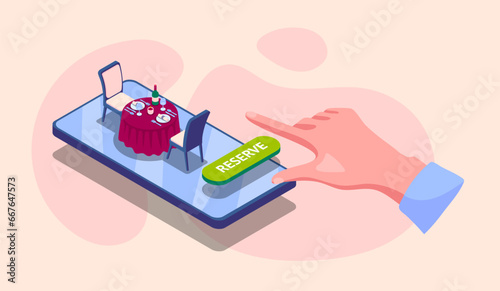 Color Online Reserved Table in Cafe or Restaurant Mobile Service Concept Isometric View Element. Vector illustration of Hand and Smartphone