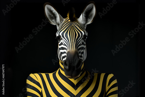 Zebra-Headed Woman on Black Background