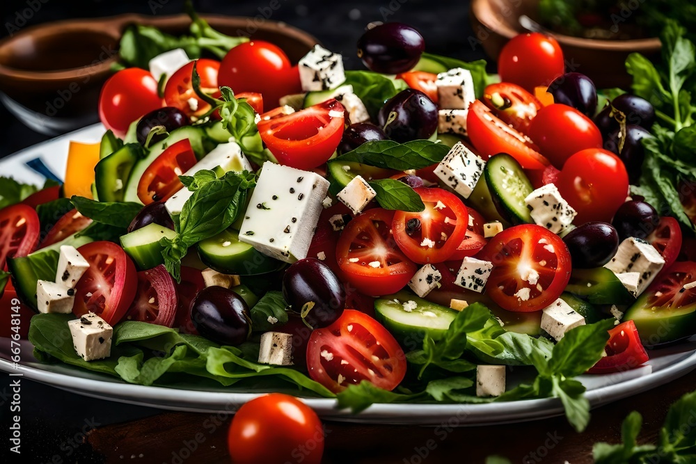 The vibrant colors and textures of a Greek salad, with plump tomatoes, cucumbers, olives, and crumbled feta cheese The vibrant colors and textures of a Greek salad, with plump tomatoes, cucumbers, olives, and crumbled feta cheese