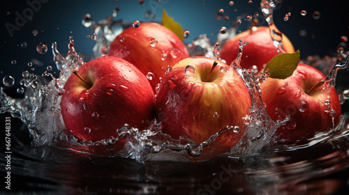 Group of Fresh Red Apples Fall into the Middle of The Water and Splash With Splashing Water Selective Focus