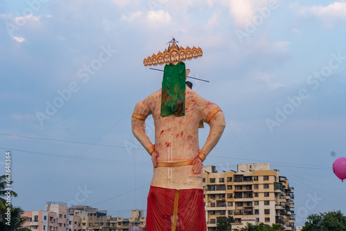 statue of ravan, ravan dahan, Hindu religious people burn statue of ravan on Dussehra to mark victory over evil.  photo