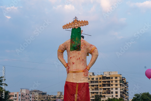 Foto statue of ravan, ravan dahan, Hindu religious people burn statue of ravan on Dussehra to mark victory over evil