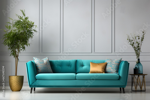 Interior of living room with blue sofa and orange cushions. 3d render. ia generated