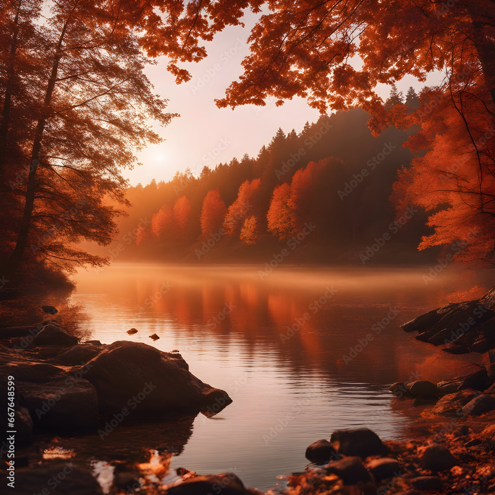 An autumn landscape with vibrant, fiery-colored trees lining a tranquil lakeshore at sunset 