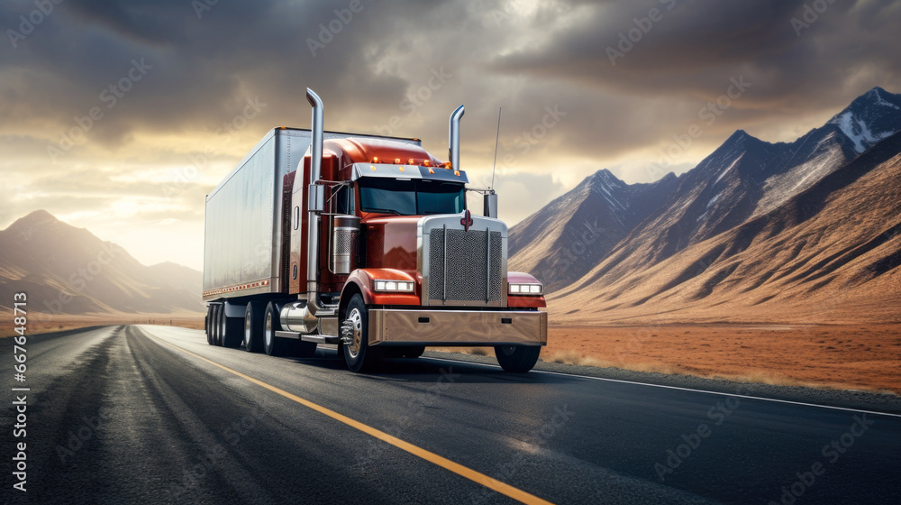 Roadway scene featuring an American cargo truck. The domain of transport logistics Roadway scene featuring an American cargo truck. The domain of transport logistics