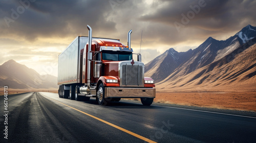 Roadway scene featuring an American cargo truck. The domain of transport logistics