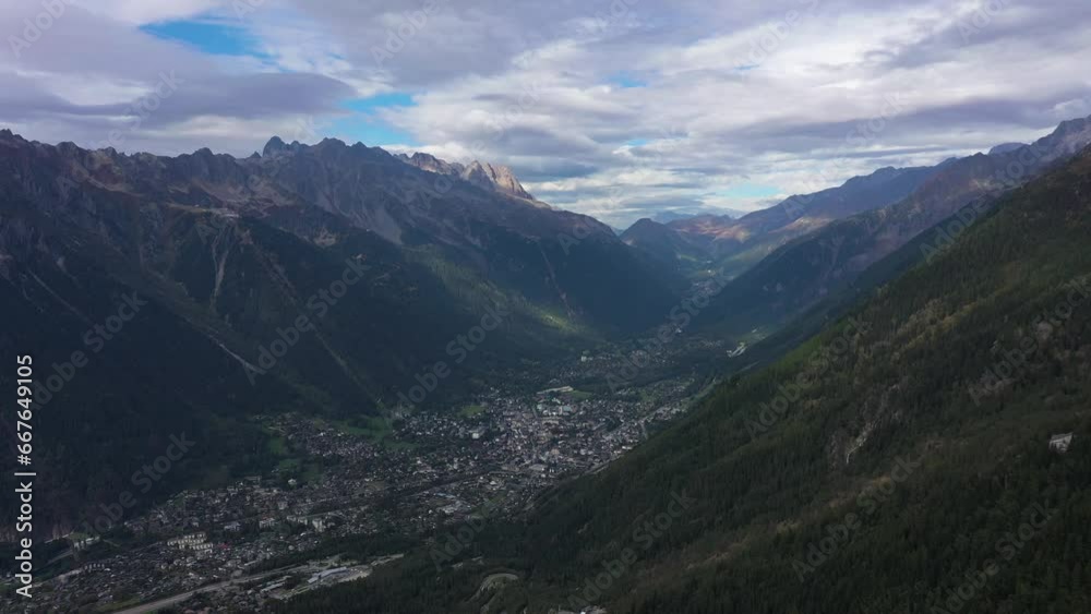 Chamonix Valley and Mountains in French Alps. Aerial View. France. Drone Flies Forward Chamonix Valley and Mountains in French Alps. Aerial View. France. Drone Flies Forward