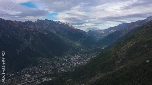 Chamonix Valley and Mountains in French Alps. Aerial View. France. Drone Flies Forward