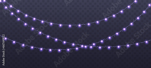 Christmas garland, glowing purple light bulbs string with sparkles. Xmas, New Year, wedding or Birthday lights. Vector party event decoration. Winter holiday season element.