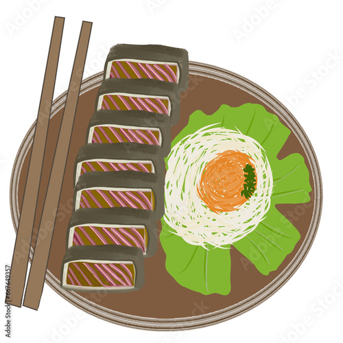 illustration of a plate of barbeque pieces with sliced ​​vegetables and chopsticks