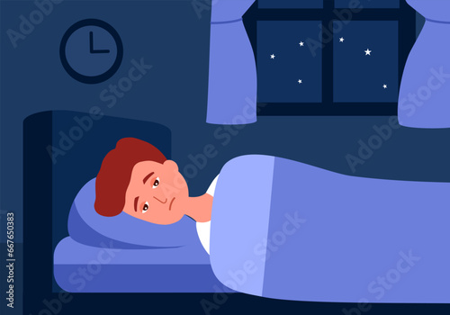 Sleepy awake man in bed suffers from insomnia. Exhausted guy insomniac trying fall asleep with open eyes in night bedroom design. Melatonin.