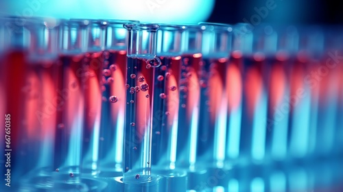 Close-up of test tubes with droplets of blue and red liquid in a laboratory setting