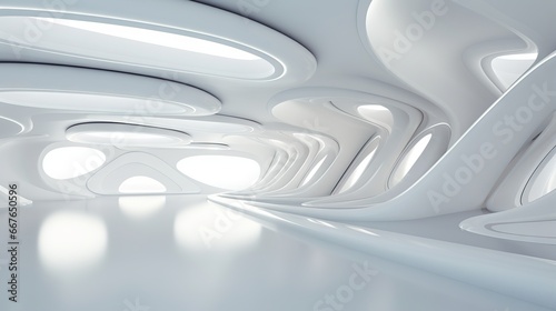 White futuristic background with abstract geometric shapes and glowing lights