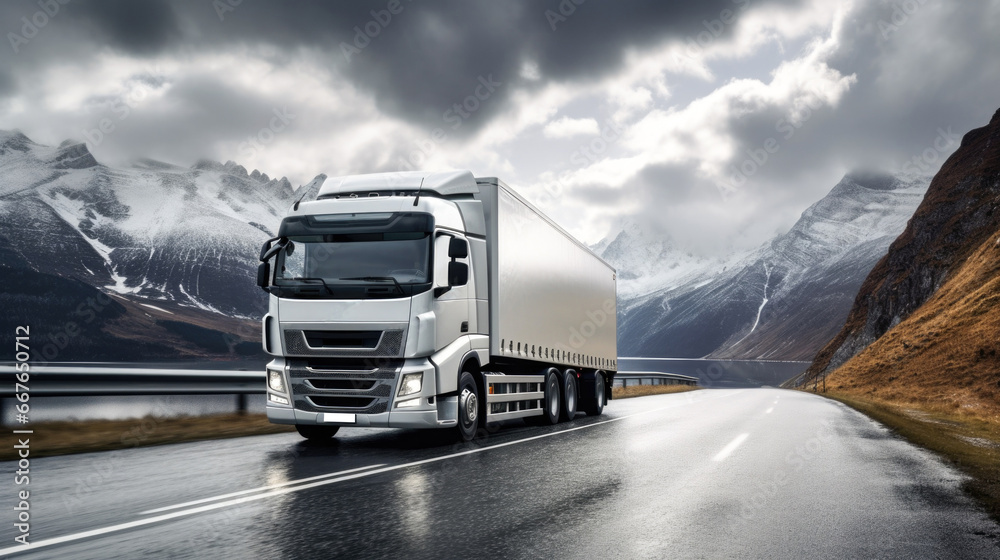 European freight truck traveling on a highway. Transportation logistics sector - obrazy, fototapety, plakaty 