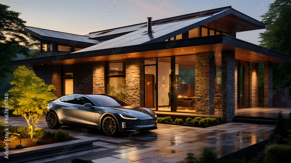 3d rendering of modern cozy house with electric car  for sale or rent in luxurious style and beautiful landscaping on background. 