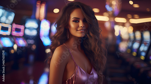 Portrait of beautiful young woman in casino. Girl with long wavy hair.