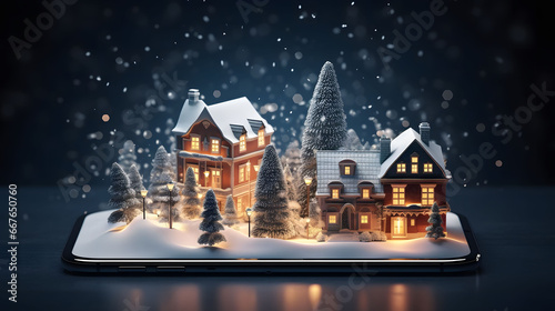 Smartphone with christmas village and snowfall. 3D rendering. Cute miniature christmas winter village. Christmas and New Year concept. Christmas greeting card.